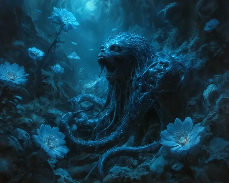 a nightmarish landscape of deep-sea flora and fauna. A humanoid creature with elongated limbs, made entirely of tentacles, is entwined with the stems of giant, bioluminescent flowers. The creatures face is a grotesque fusion of a screaming human and a gapi...