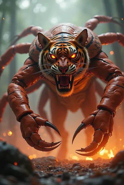 "A monstrous hybrid creature merges the features of a tiger and a crab into a single, seamless entity. The creature’s body is a blend of the tiger’s sleek muscular form and the crab’s hard, armored shell. Its massive, clawed limbs replace the tiger’s front...