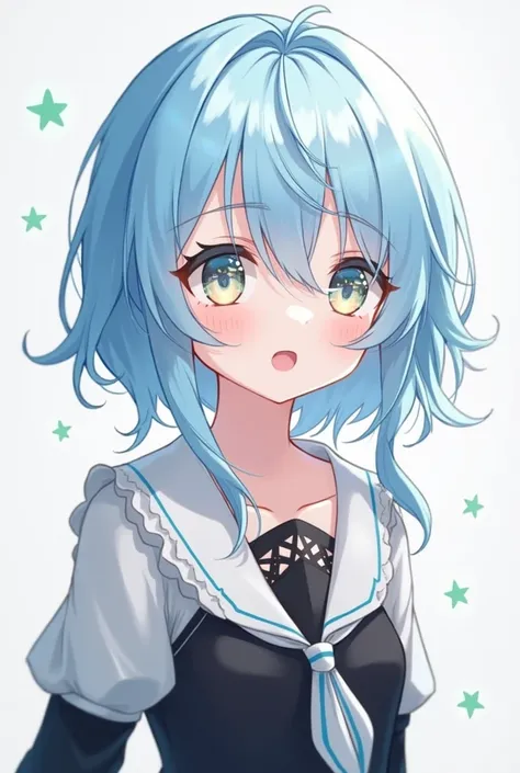 Young anime, light blue hair, highlights, light brown, light blue eyes, wearing a black and white blouse