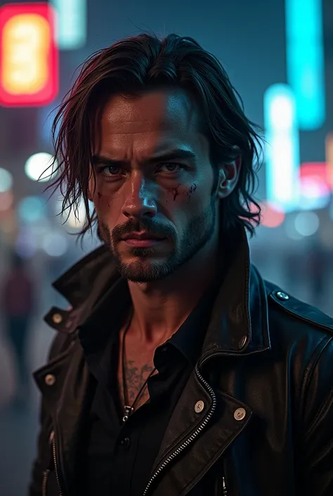 Human,  Cyberpunk, man,  leather jacket, shoulder length hair, disheveled hairstyle