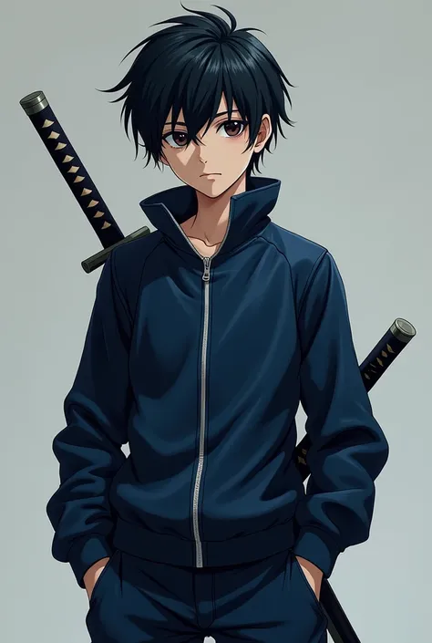 Ultra HD,  high quality ,  masterpiece ,  surreal, A boy , light skin,  short black hair ,  dark blue zipped clothing ,  dark blue pants ,  clothing in the style of the anime Demon Slayer,  the boy has a katana .