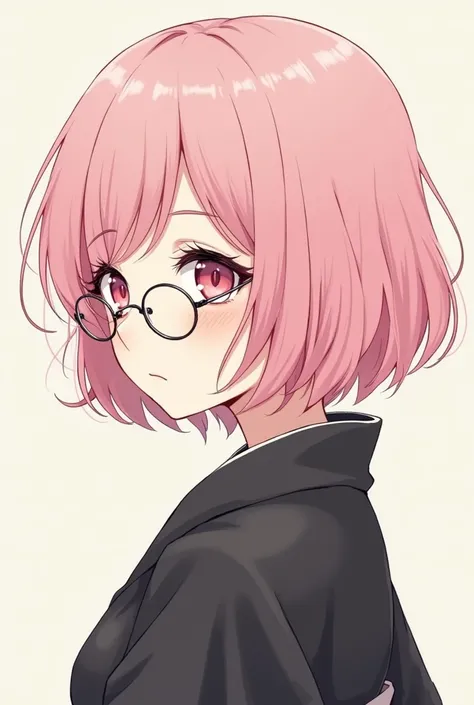  A girl with short pink hair up to her chin,  pink eyes,  long eyelashes , thin lenses, She wears a black kimono ( is similar to the character Uraume from Jujutsu Kaisen ) (The image mimics Gege Akutamis drawing style)