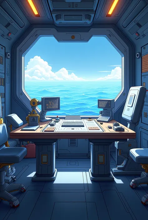  anime style .  A table with micro-chips and space instruments, with application guns ,  in a room of a ship .