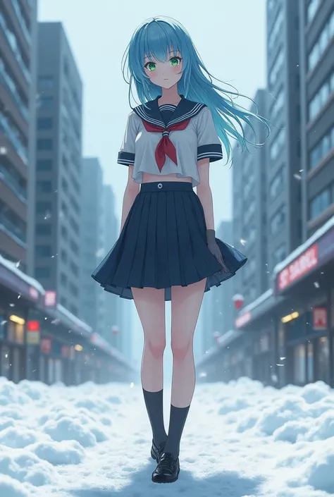 best quality,ultra high res,girl,naked,solo,full body,snow,city,, blue hair,green eyes,jk,school uniform,