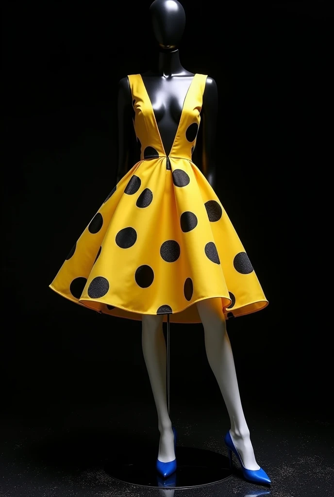 On the black glass floor .  black background.  Black mannequin with glitter . linda pose.  High-heeled sandal .  Leonilda yellow taffeta dress with black circle print all over the fabric. beautiful.  Egg-yellow Leonilda taffeta dress with black circle prin...