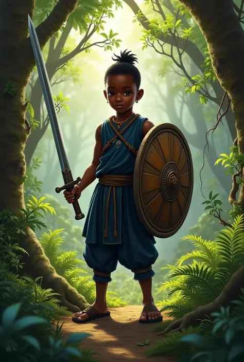   African boy with sword and shield, dressed in dark blue in the woods  