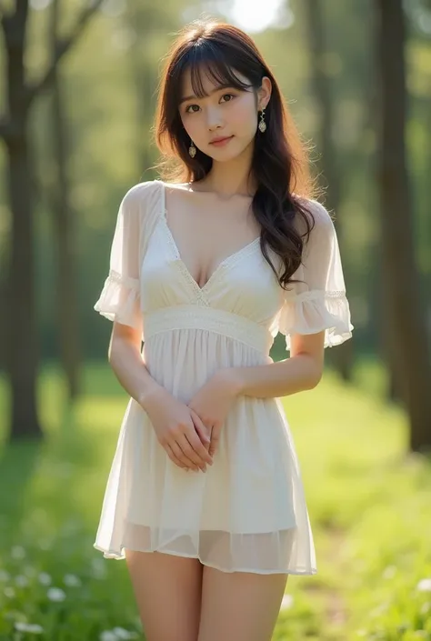 Photorealistic，Ultra high definition，Highest quality，Best Quality，8k，RAW Photos，Super detailed，Ultra-high resolution，(Amazingly cute Japanese real girl)，whole body，1 person，Facing forward，Early morning in the forest，Bright sunlight pours in，Backlight，White...