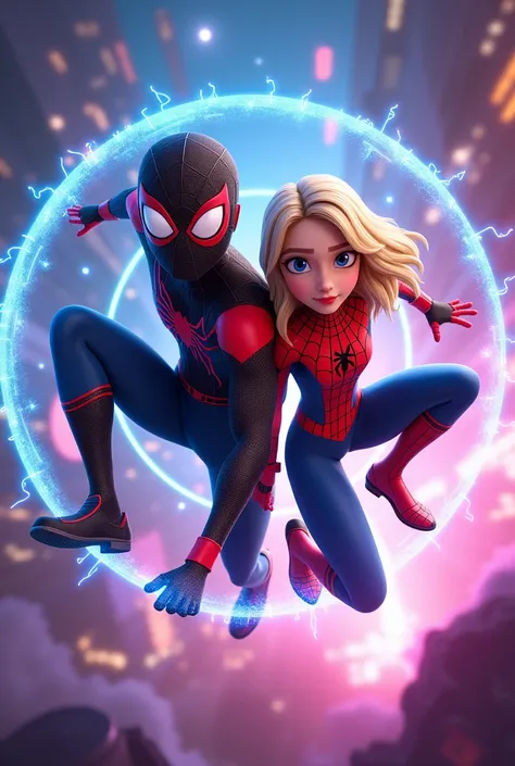 Spiderman cartoon through universes 3d miles Morales and Gwen Stacey new cartoon