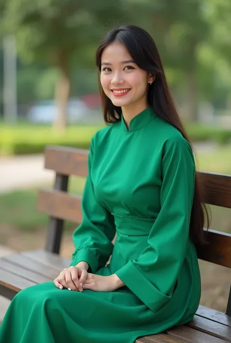 there is a woman in a green dress sitting on a bench, a picture inspired by Nil Gleyen, tumblr, hurufiyya, wearing traditional garb, wearing headmistress uniform, traditional dress, sukhothai costume, wearing translucent sheet, wearing an academic gown, ni...