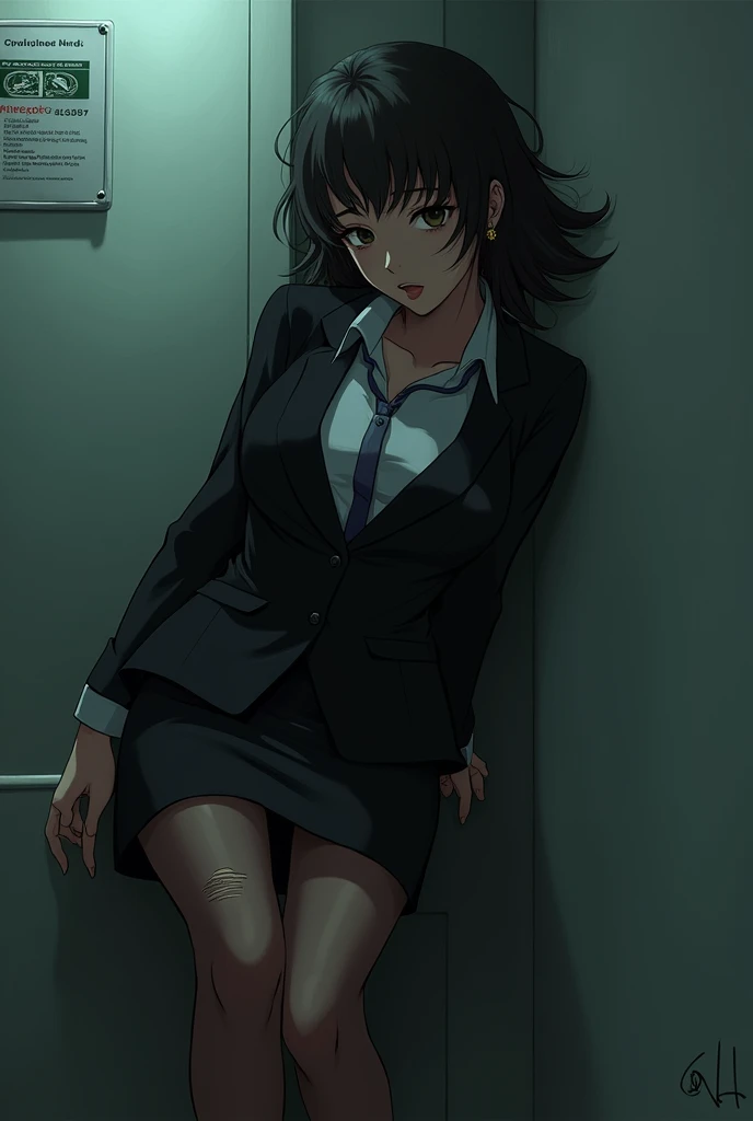 /quality (masterpiece,best quality,high resolution,High Quality,Realistic) /hair style (Curly Hair) /Clothes (pencil skirt,job interview suit,Black jacket,torn pantyhose:1.5,earring) /Pose Bend over,sit lean against a wall, legs spread:1.5 (Ahegao,orgasm,s...