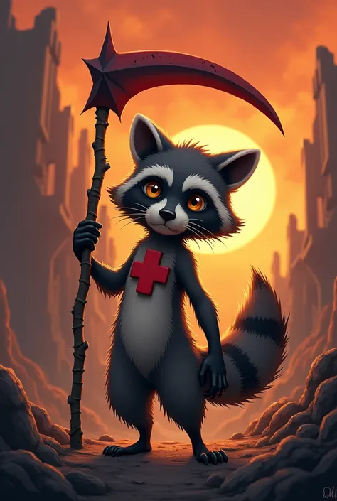 A not so muscular raccoon in a cartoon, with a red cross on his chest and a scythe in hell