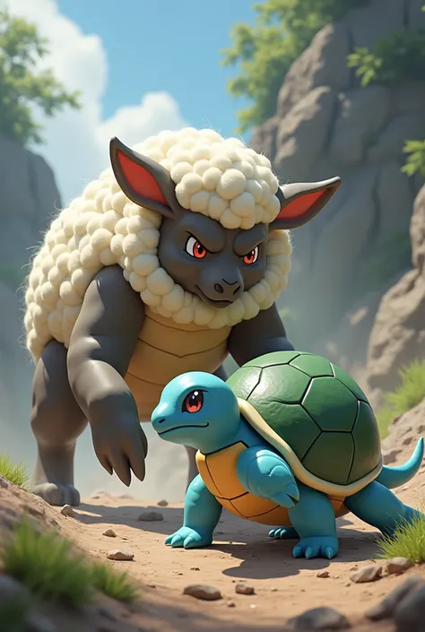 a herdier  (pokemon) fighting with a SQUIRTLE (pokemon)