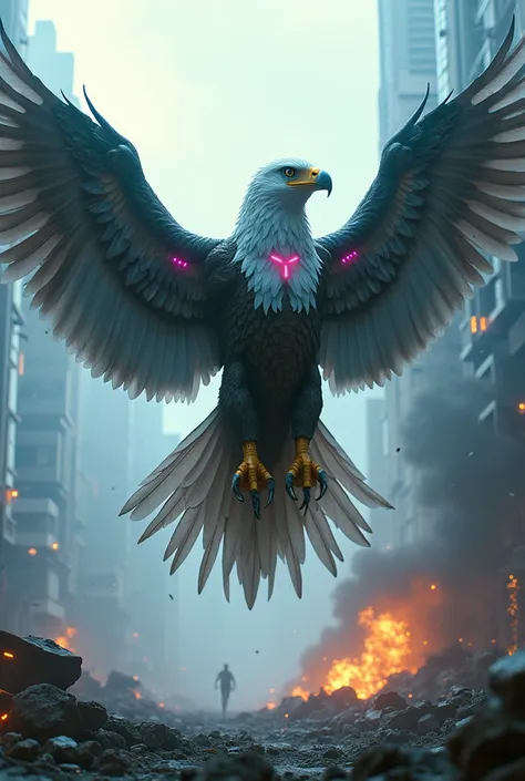 The hybrid bursts forth: an eagle with jet wings streaked with neon lights, talons replaced by sharp missiles, and an engine roaring from its chest as it soars through the chaos.