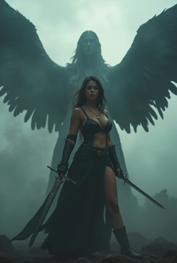 (Rock statue), (solo, full body photo:1.3), (action packed:1.3), (haze, fog, mist:1.3), chiaroscuro, best quality, photorealistic, 1woman, (cute), (24yo:1.2), big Tits:8, big wings, holding a sword in his hand