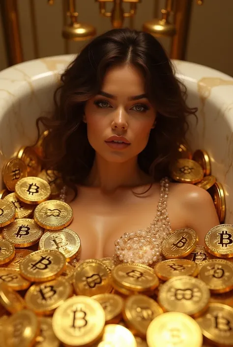 A striking fashion model in a suit lies in a luxurious marble bathtub, completely filled with gleaming golden Bitcoin coins. The coins overflow, their embossed Bitcoin logos and intricate patterns catching the light in dazzling detail, creating a mesmerizi...