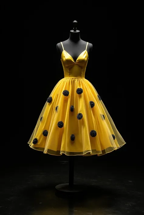 On the black glass floor .  black background.  Black mannequin with glitter . linda pose.  High-heeled sandal .  Leonilda yellow taffeta dress with black circle print all over the fabric. beautiful.  Egg-yellow Leonilda taffeta dress with black circle prin...