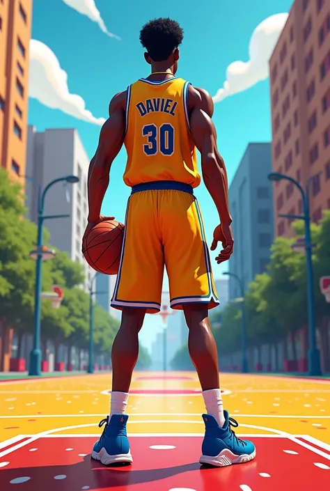  Believe me a basketball player named Daviel with his back to show the name, on a street court a little unrealistic , And cartoon , and that it be tall 