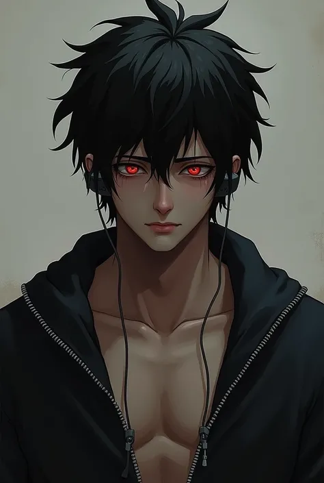 Black messy hair, black cardigan, but the characters coat is unzipped and has muscles, she has slightly dark skin, wears wired headphones, her eyes are red from crying boy man