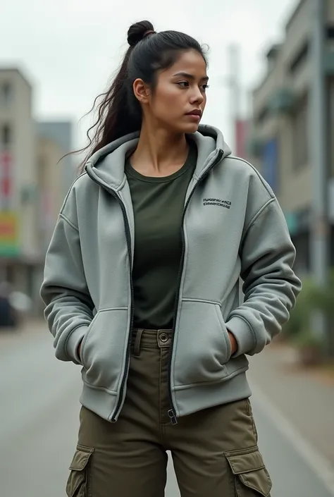 Power,  dressed in a light gray zip-up sweatshirt, a dark green top ,  and cargo pants 