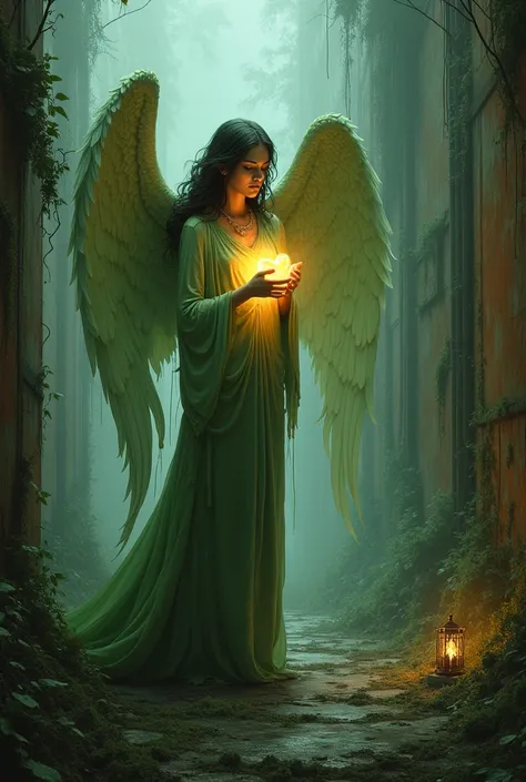 In a world of rust and tangled vines,   An angel stands with heart that shines.   Her wings of green, with feathers frail,   Bear the weight of sorrows tale.
She clutches close a glowing heart,   A beacon in the worlds dark part.   With eyes that see the w...