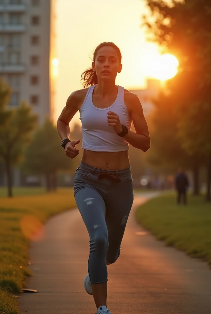  An urban landscape at dawn with a person running in a park.  The expression on her face reflects overcoming and determination ,  representing a fresh start . The background has soft light , suggesting hope."