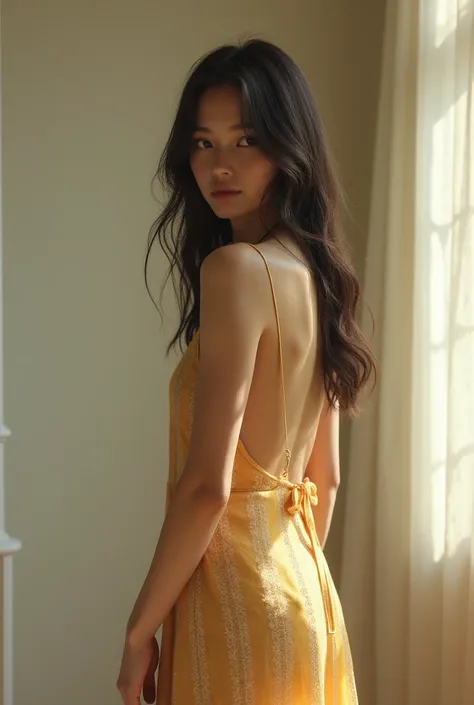 A beautiful 18-year-old white girl with freckles ,  with black hair that reaches her shoulders ,  wearing a gold dress as well as her long nails and barefoot 