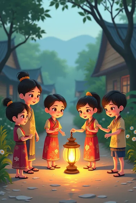 5 Myanmar animation boys and 2 Myanmar animation girls who slim body and tall and cutie face with Myanmar traditional dress Light the lamp,on the road 