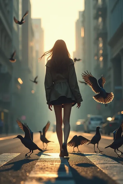 ((Masterpiece, Top Quality, High Resolution, Photorealistic, Extremely detailed CG unified 8k wallpaper)), A woman walking in the city, a view from above, a birds eye view, a glance at the womans feet, tight skirts, high heels, silhouettes of a flock of bi...