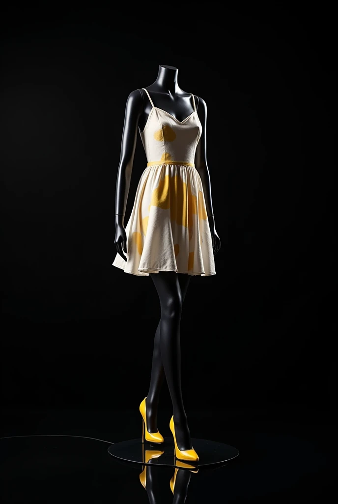 On the black glass floor .  black background. Black mannequin with beautiful pose.  Leonilda printed taffeta dress .  Straight fit short dress .  Yellow high-heeled sandal and thin white stocking .  Leonilda white taffeta dress with indefinite stripes insp...