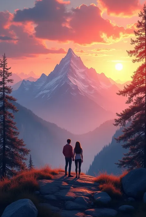 A mountain view with a couple with little bit of trees and a sunset
