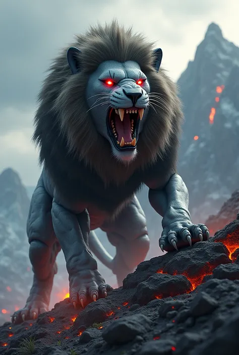 best quality,realistic,ultra-detailed,physically-based rendering,serious expression,sharp focus,detailed eyes,lion beast,ferocious, robotic,large,sharp teeth and claws,giant size, robot body, snarling,glowing red eyes,crouching on a mountain peak,mountain ...