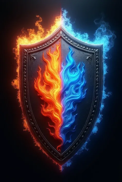 Design a highly detailed 3D shield with a metallic finish and symmetrical design. One half of the shield should radiate a fiery red and orange glow, with intense flames resembling a blazing inferno. The other half should emit a cool blue and cyan fire effe...