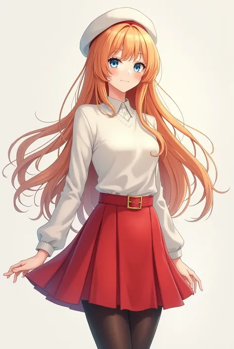  anime style ,adult woman, 18 years old,long light orange hair,  detailed blue eyes, sweater branco, red skirt, white beret,  black pantyhose , white boots