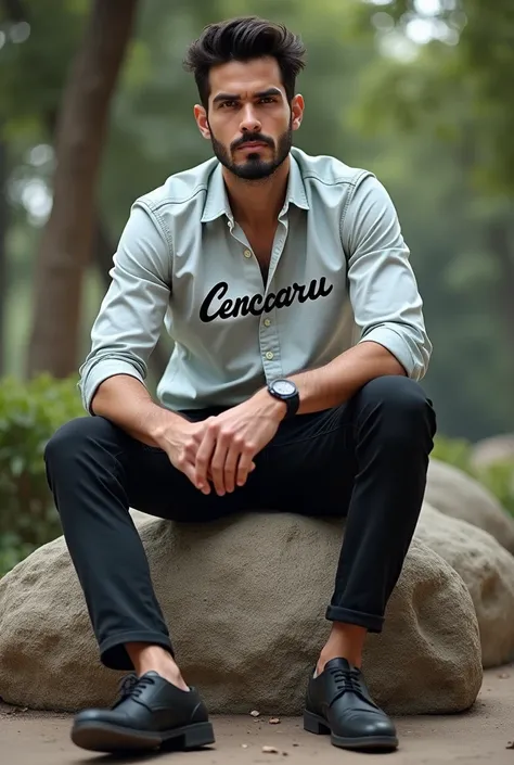 One Hensem Guys sitting on stone and wearing a glasses with Word CENCARU ON SHIRT