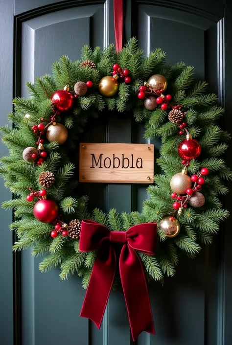 This is a photograph of a beautiful Christmas wreath hanging on a dark wooden door. The wreath is adorned with various colorful ornaments, red berries, and lush green pine branches. A large, dark red velvet bow adds a touch of elegance.  A wooden sign in t...