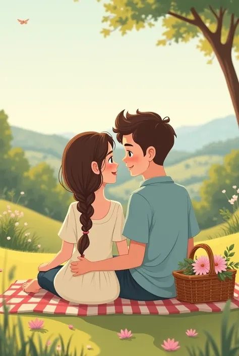  Draw a logo of a couple at a picnic.  The image needs to be cozy , delicate and in soft tones . A must wear two braids in her hair . 