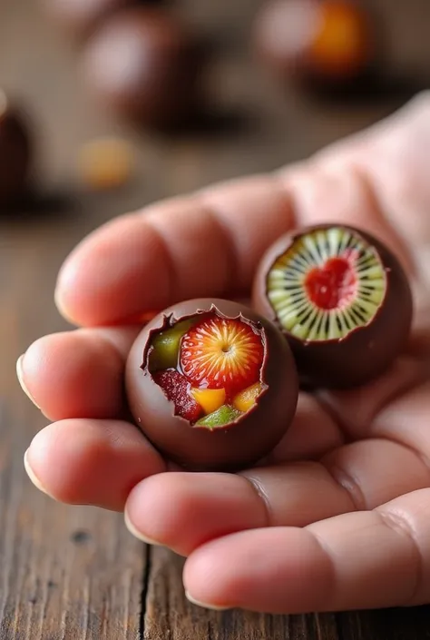 Snack consisting of a mix of small pieces of fruit (strawberry, Kiwi, must)  high quality dehydrated  ( inside the product ),  covered with a thin layer of dark chocolate (outside of the product ),  with a round shape smaller than a hand, approximately 5 c...