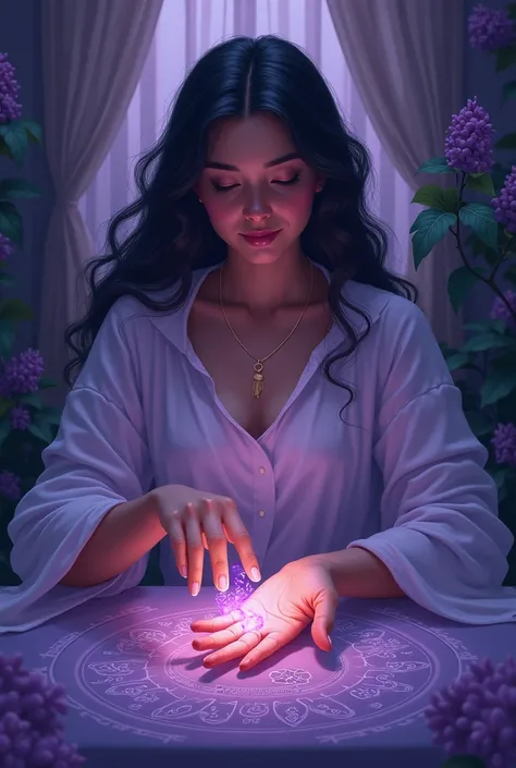 I want an illustration of a person doing palmistry in the color wisteria  #A06AB4 