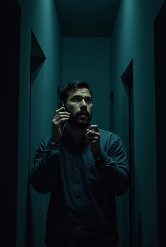  Man with his cell phone in his ear because he answered a call .  Looking upstairs because he heard some noises upstairs. The man looks scared ,  the environment is dark and dimly lit . vertical format 