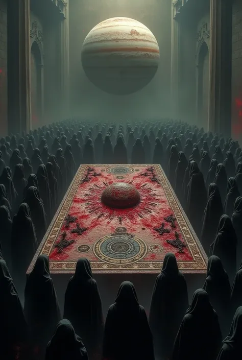 Saturn located in the center of a heavenly table  , in which millions and millions of hooded people are located ,Satanic cult type 
I need it to look satanic and bloody 
Saturn has to be in the center of the table 
