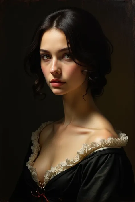 Renaissance woman, short neck,  dark hair ,  Caravaggio style 