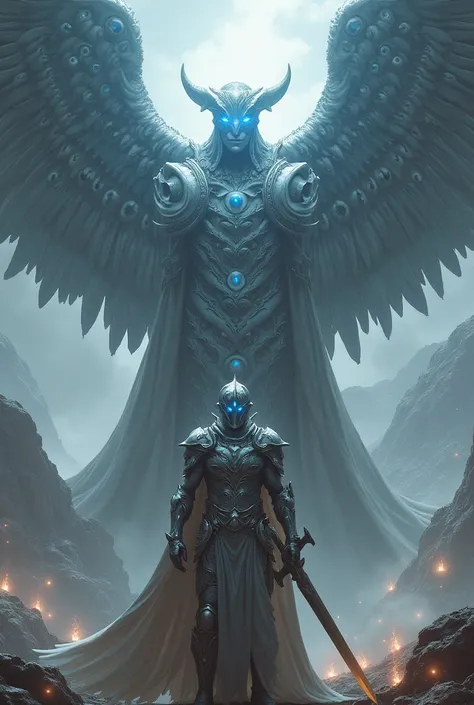  A warrior in heavenly armor ,  metallic helmet with a faceless face,  bright blue eyes , sword wielded, In the background a being full of eyes, with wings full of eyes 