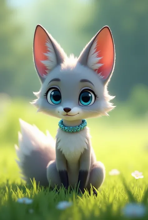 gray fox,  blue eyes , animated style ,tender,blue collar.with pearls ,Sitting on bright grass,long cola