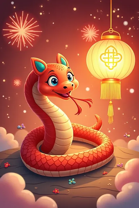 a cartoon snake , celebrate chinese snake year ,a lantern with chinese knot , GONG XI FA CAI , few small fire work
