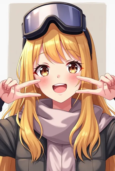 Cute girl with long blond hair smiling with snow glasses on her head brown eyes yk2 clothes doing a peace pose for profile picture 