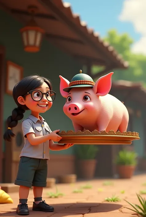  Create a 4k image of a young girl with glasses.. Offering suckling pig ..  This must have uniform ..  The piglet must be Tolimense ..  So the piglet must be seen as such , The suckling pig must be served on a tray ..  The suckling pig should look like fro...