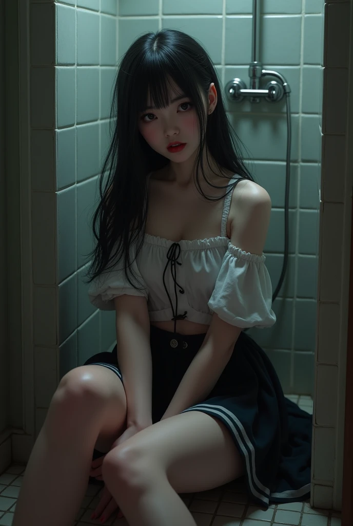 A naked vampire schoolgirl Lolita in the bathroom sitting with her legs with a mischievous smile and standing full body pose sexy 