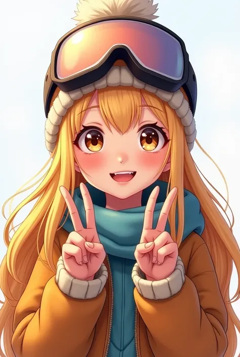 Cute girl with long blond hair smiling with snow goggles on her head brown eyes yk2 clothes doing a peace pose for the profile picture 