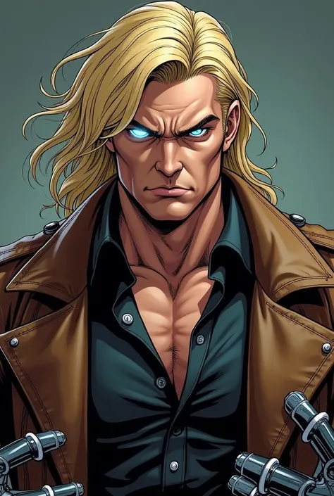 Make the bust of a muscular strong man ,  with long blond hair,  right eye glowing in blossoming blue , robotic hands,  dressed in a brown leather jacket , black dress shirt with buttons .  With the face of someone who is not liking something .  Make the i...