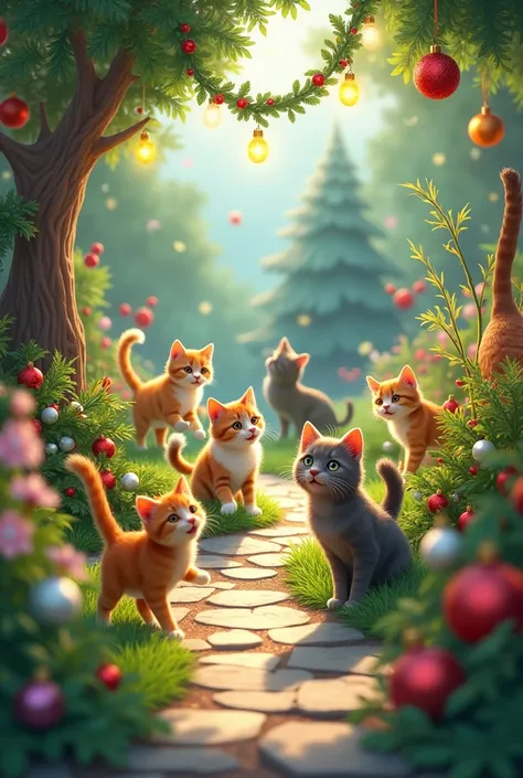  Cats in garden in cristmis backgroud write A A